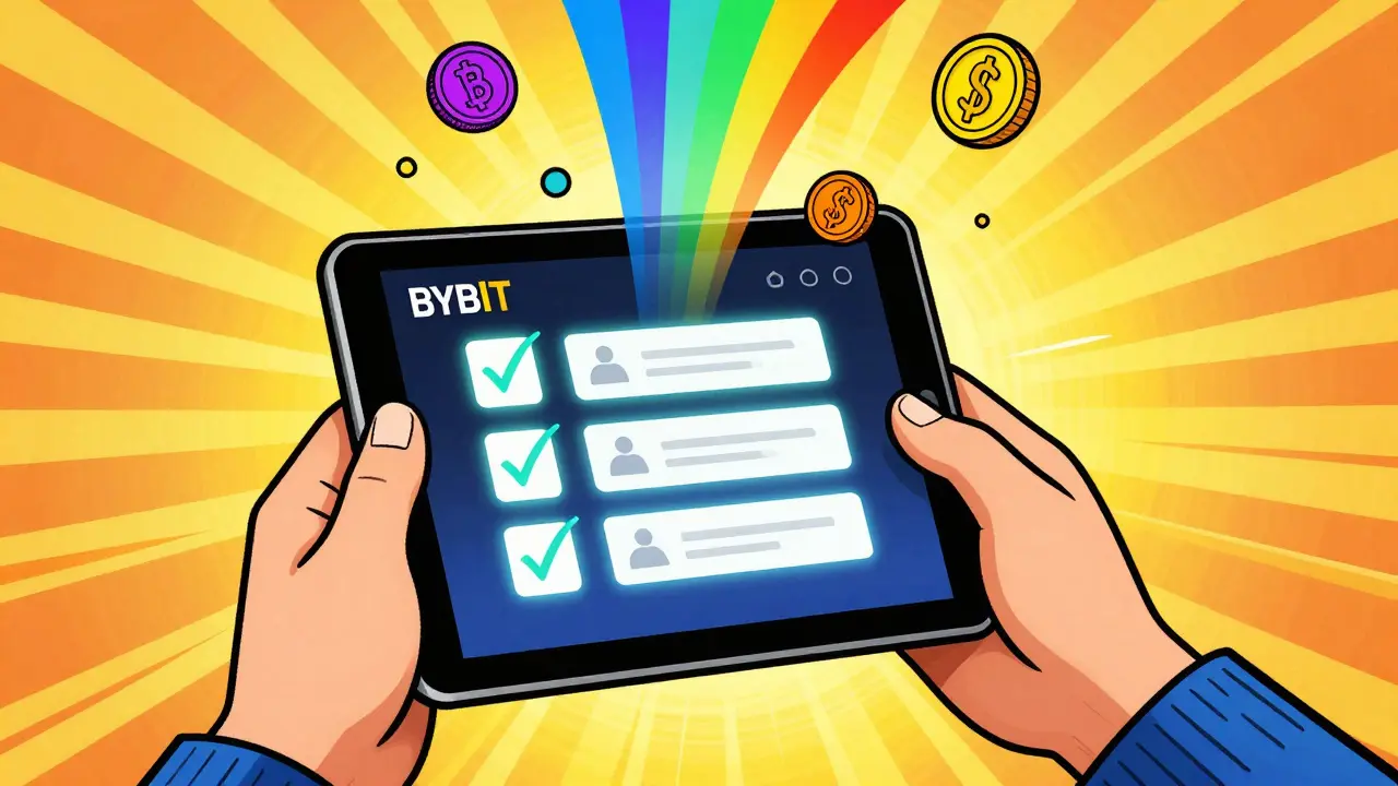 Hand holding tablet with tokens and checkmarks