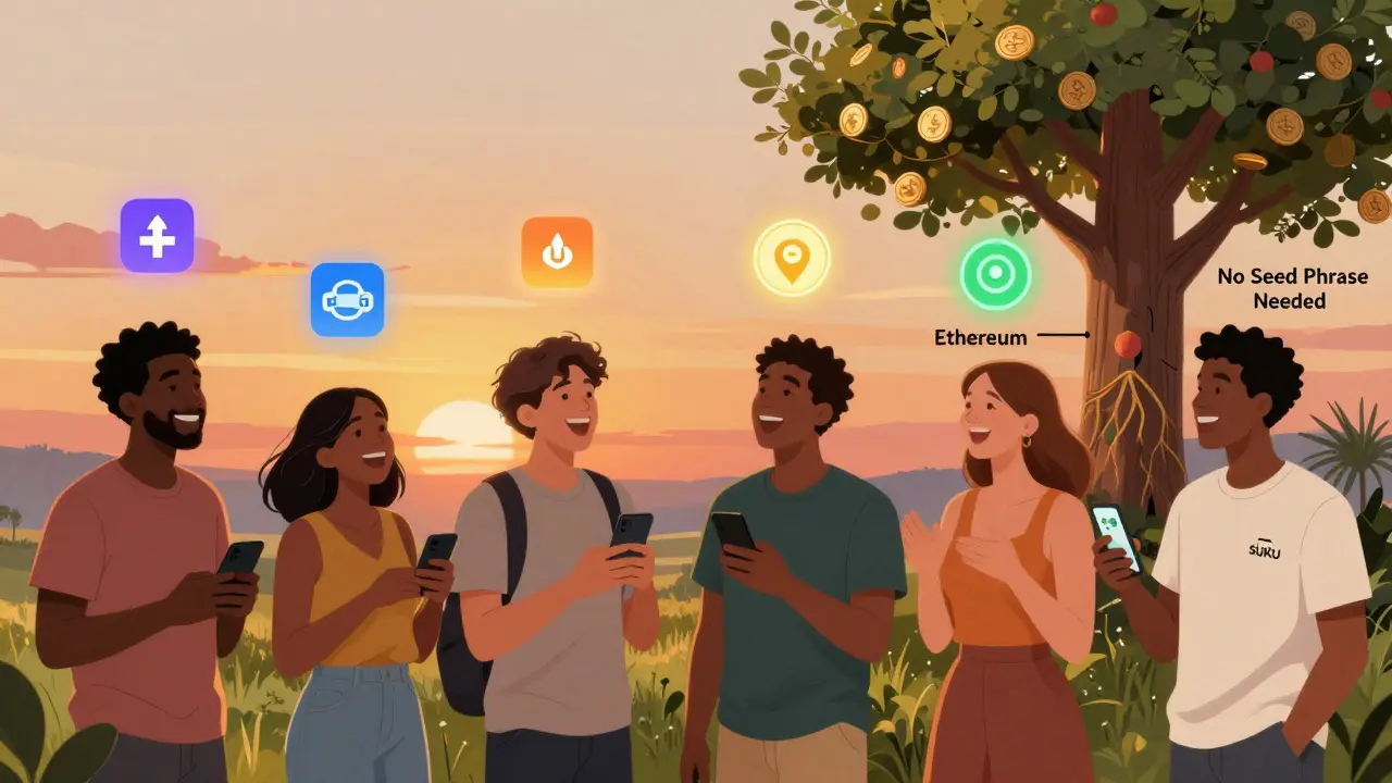 People turning social media posts into floating animated NFTs with SUKU tokens in the air.