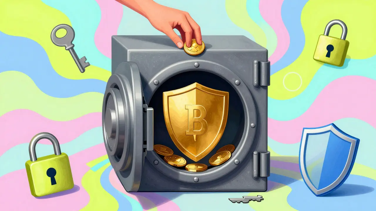 Person depositing coins into vault with shield, surrounded by keys and locks