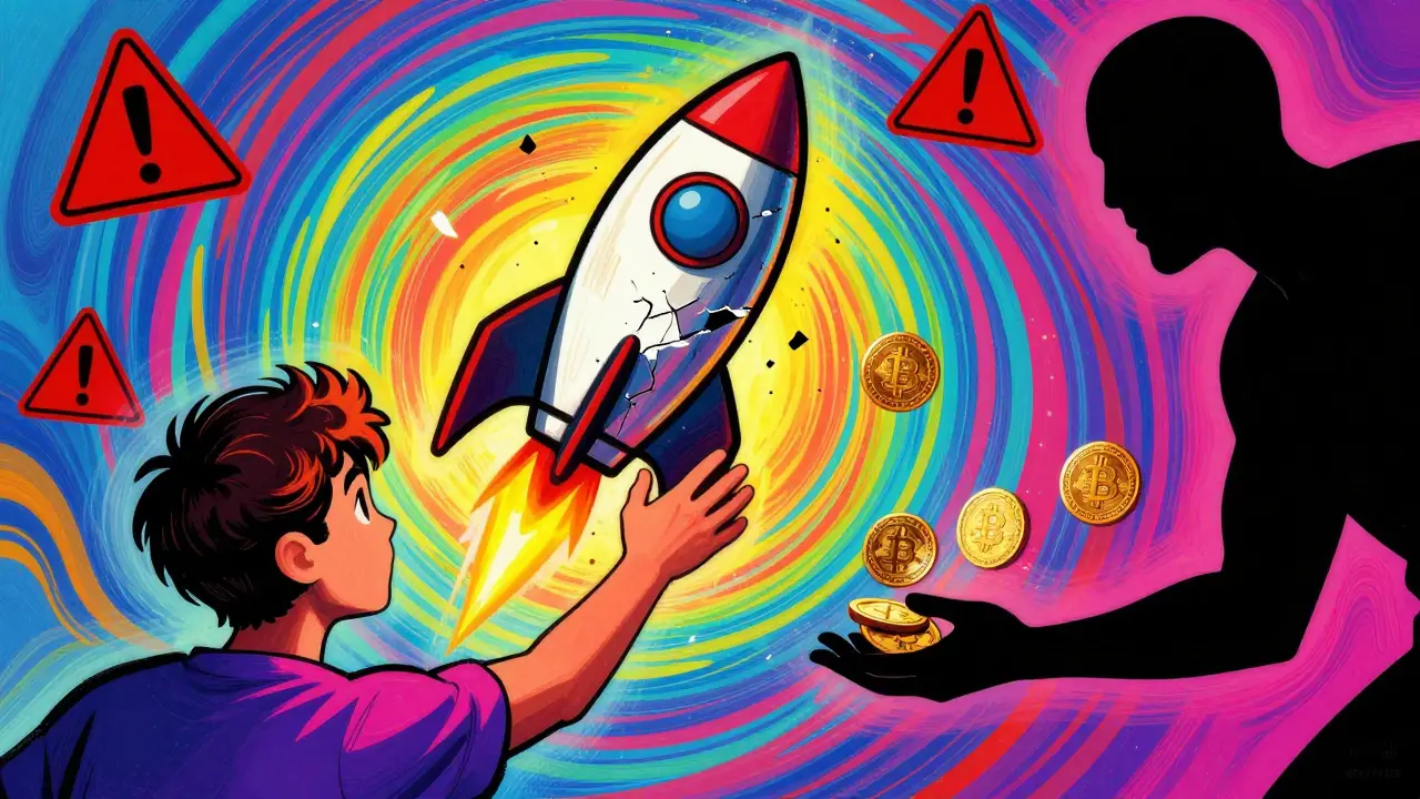 Person reaching for crumbling rocket symbol as shadowy figure steals crypto