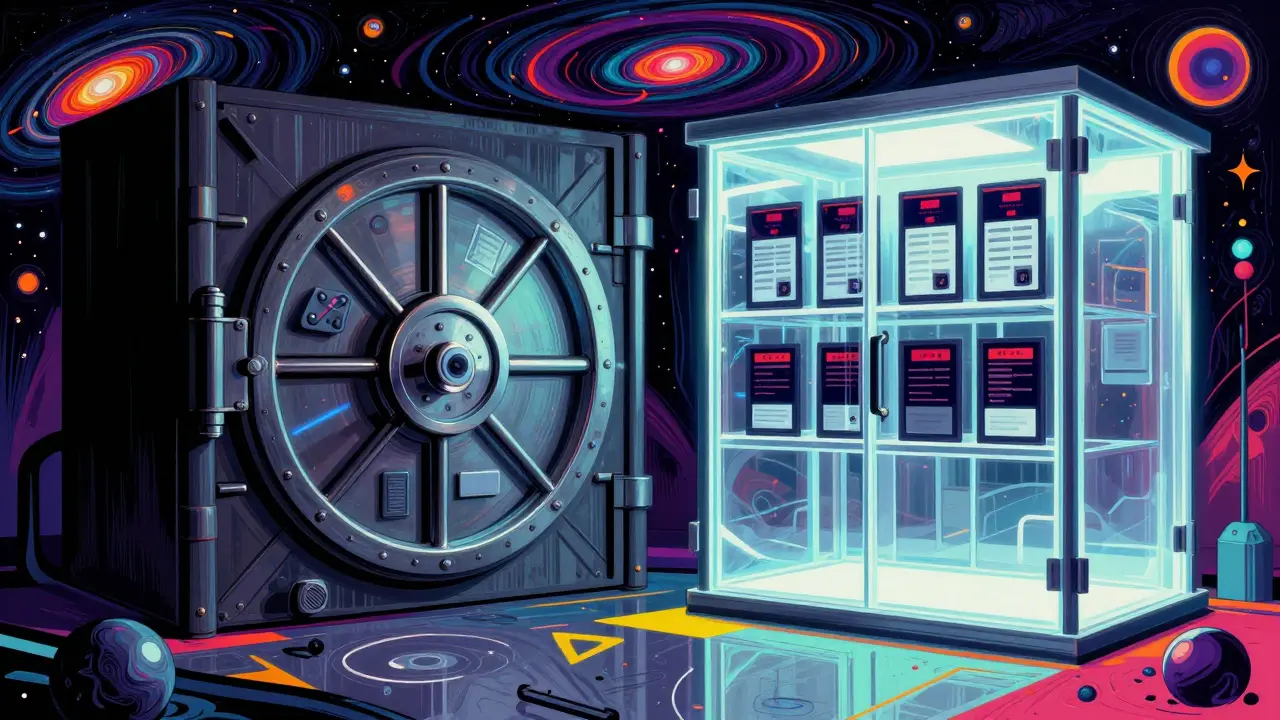 Shadowy XueBi structure vs secure glowing vault in psychedelic contrast