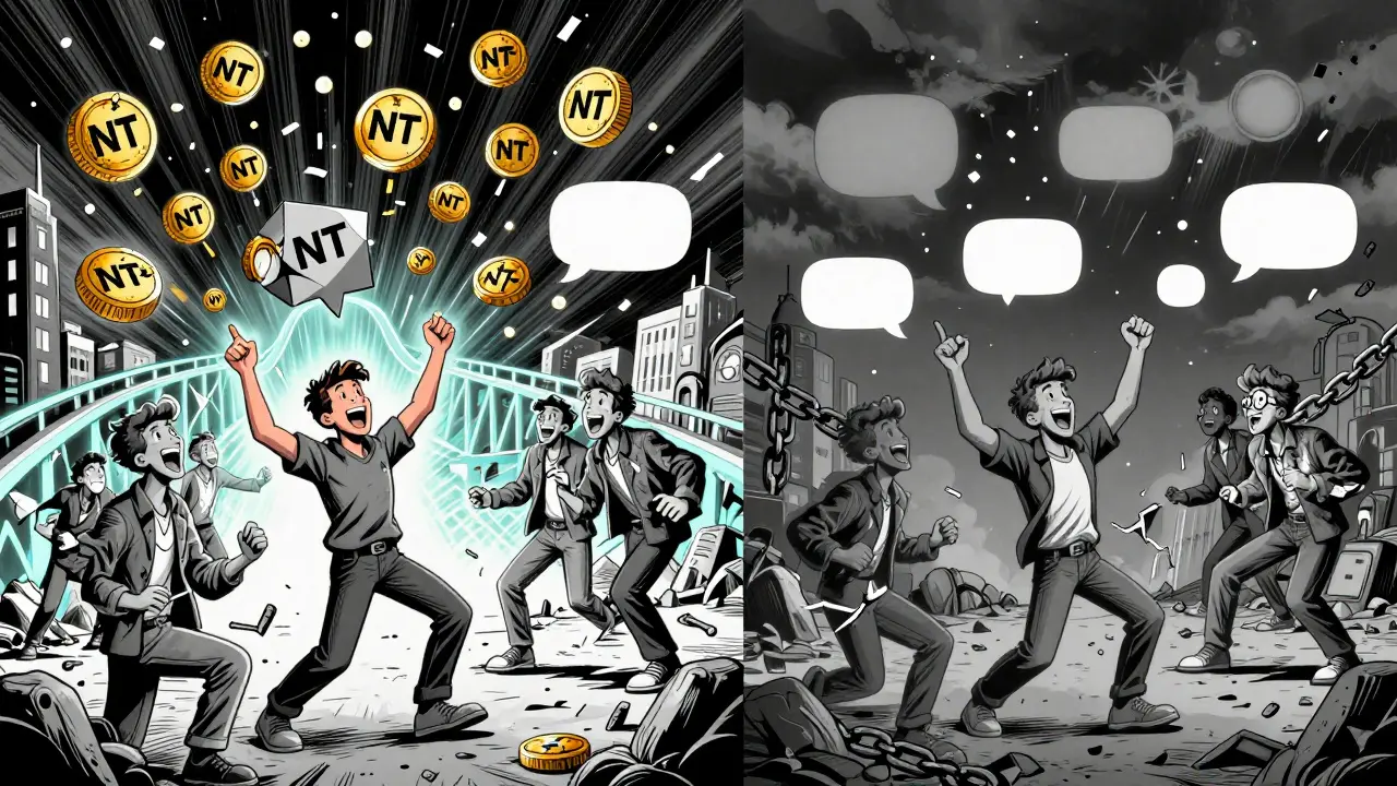 Split-panel cartoon: vibrant past of NFT trading vs. grayscale present with broken chains and a lone token.
