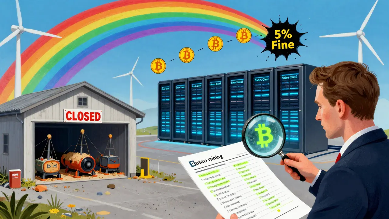Split scene showing a closed garage mining setup vs. a rebranded AI facility, with government inspector uncovering hidden crypto tenants.