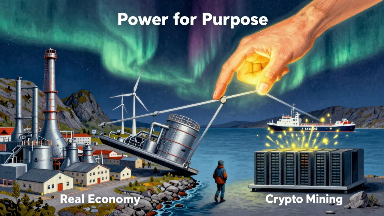 Surreal scale tipping toward industry over crypto mining, with a miner walking away toward Iceland under glowing auroras.