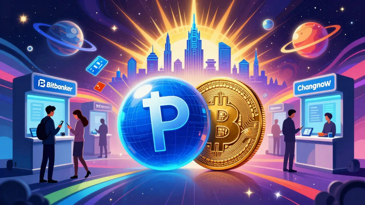 The digital ruble and Bitcoin embracing under a glowing skyline with people using crypto services in colorful scenes.