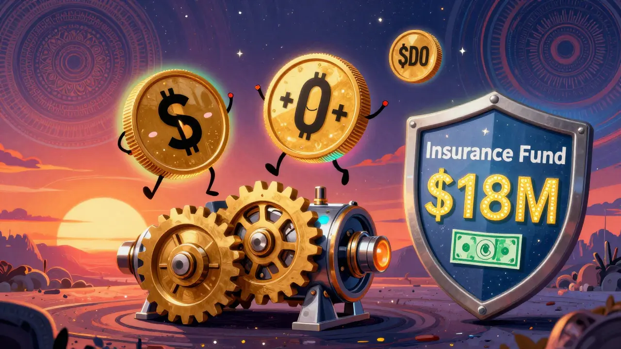 Three floating tokens dancing above a financial engine with a glowing insurance shield in Peter Max style.