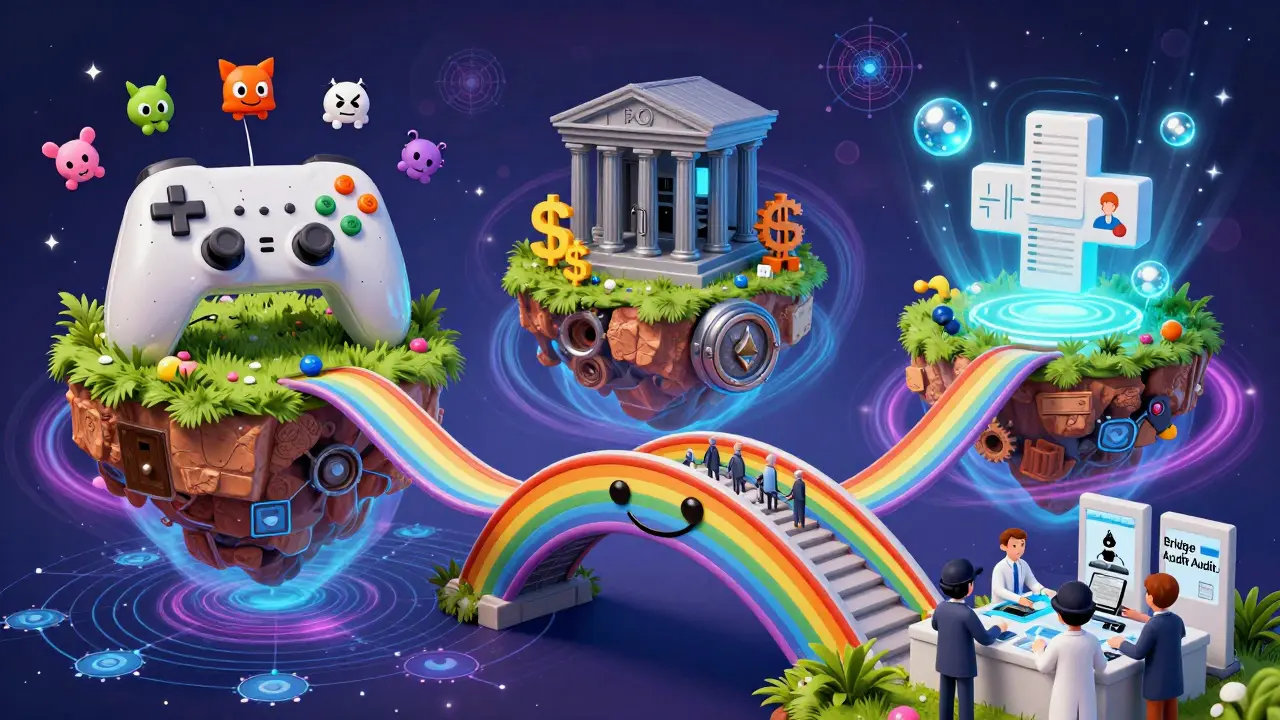 Three specialized sidechains float as islands—gaming, banking, and healthcare—connected by a rainbow bridge to Ethereum.