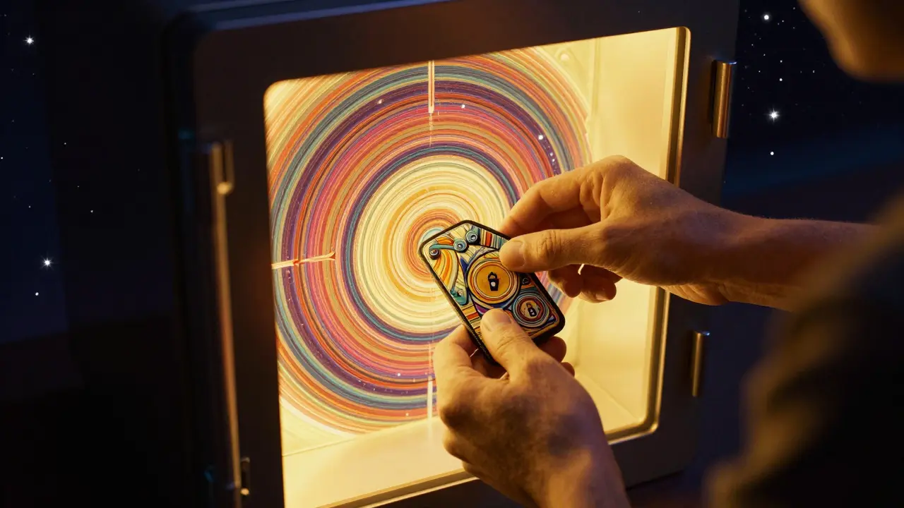 User storing crypto in hardware wallet under starry sky with security symbols