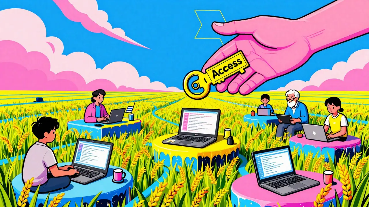 Young developers coding on floating laptops surrounded by digital rice paddies and a giant hand offering a key labeled 'Access'.