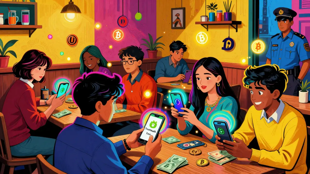 Young Nepalis meet in a cafe to trade cash for crypto, surrounded by glowing blockchain symbols and vibrant pop-art energy in a psychedelic setting.