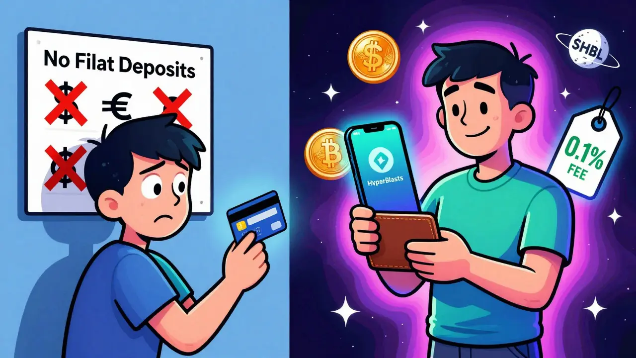 A beginner frustrated by no fiat deposits contrasted with an experienced trader transferring crypto, illustrated in bold Peter Max psychedelic style.