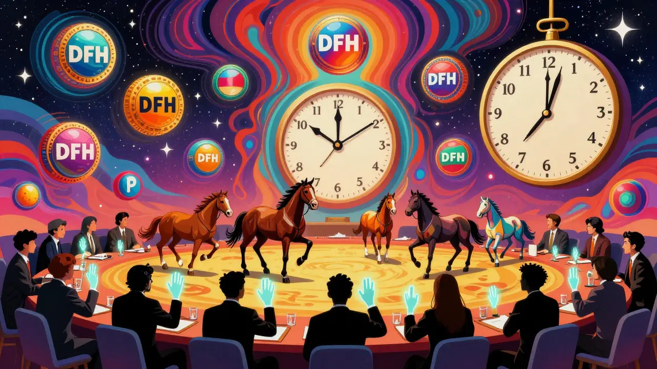A cosmic DAO meeting with floating DFH tokens and NFT horses, under a countdown clock in psychedelic art style.