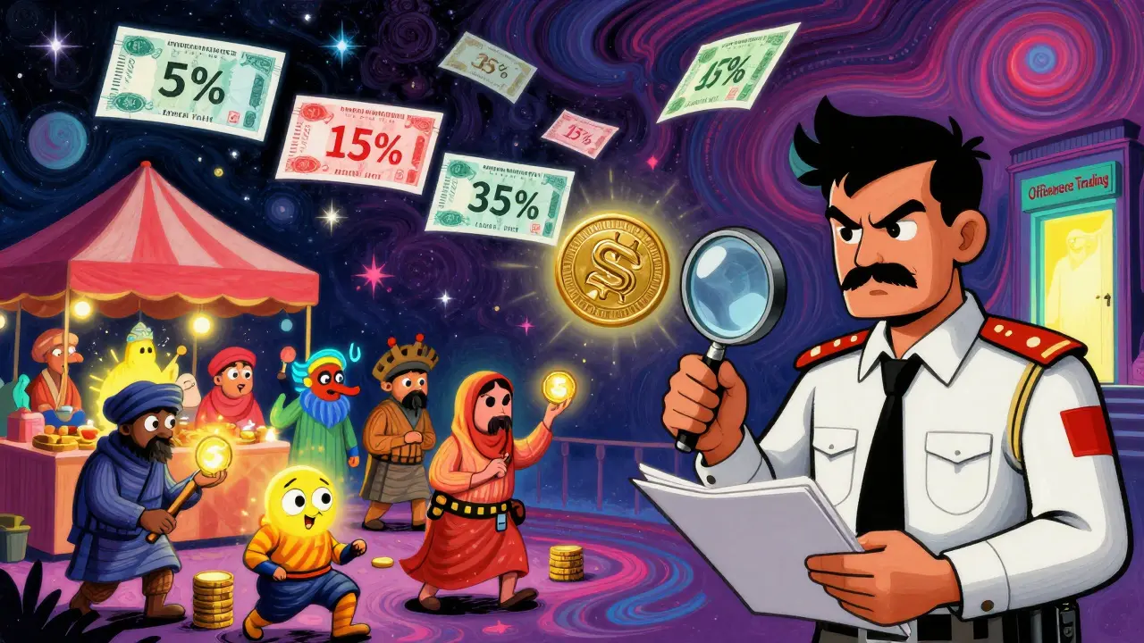 A cosmic marketplace where traders exchange crypto for rupees under floating tax brackets, watched by an FBR officer.