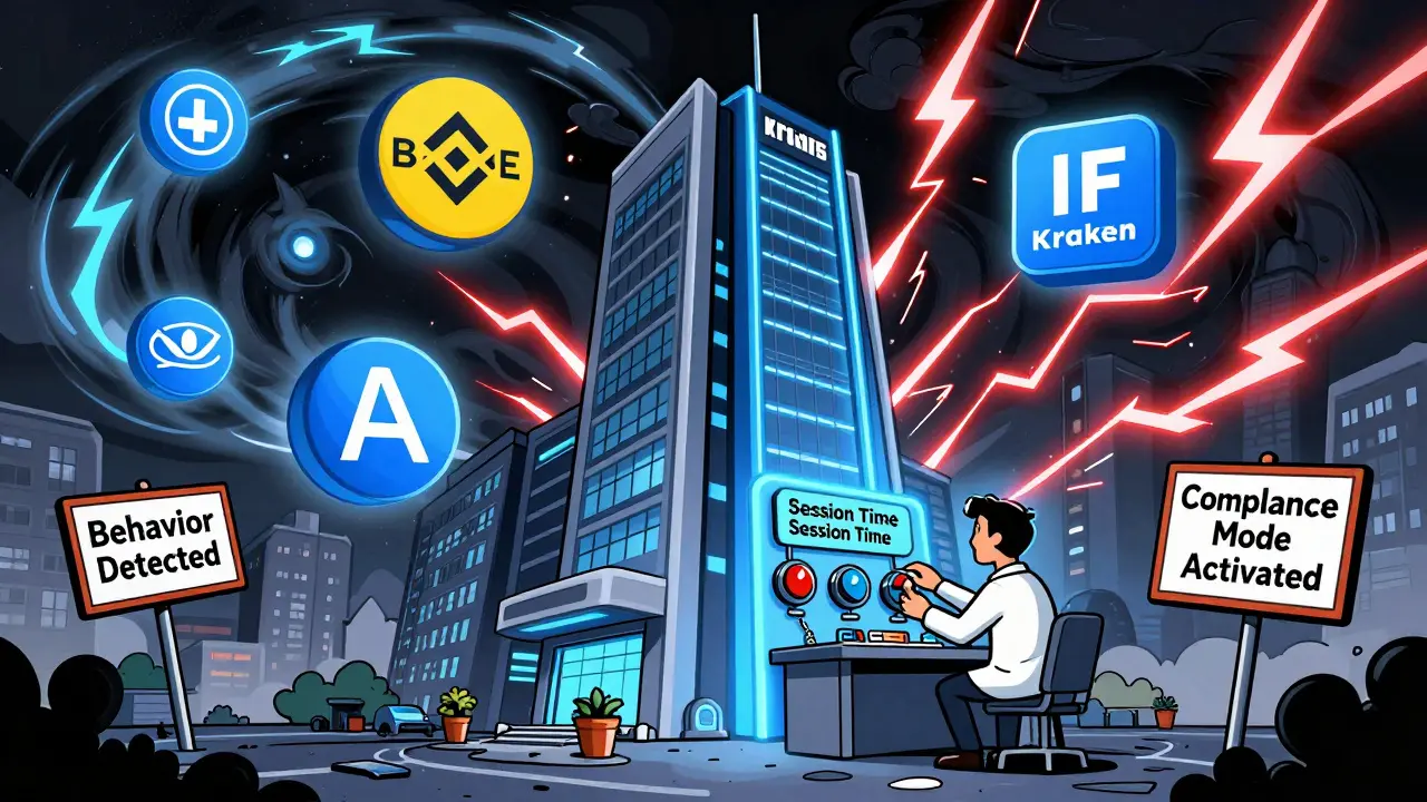 A crypto exchange building is surrounded by residential IPs in blue and red, as a trader adjusts settings to avoid detection, with warning signs floating nearby.