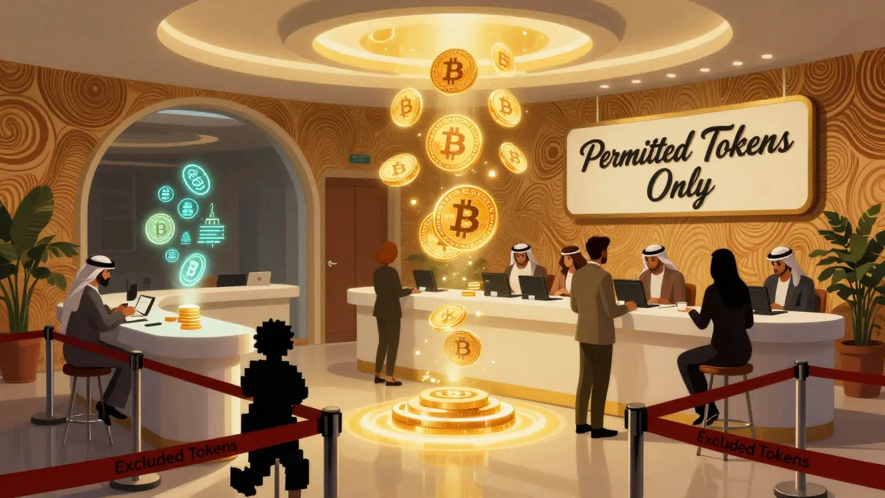 A futuristic Qatari bank with glowing permitted tokens and blocked Bitcoin icons, all in vibrant Peter Max psychedelic style.