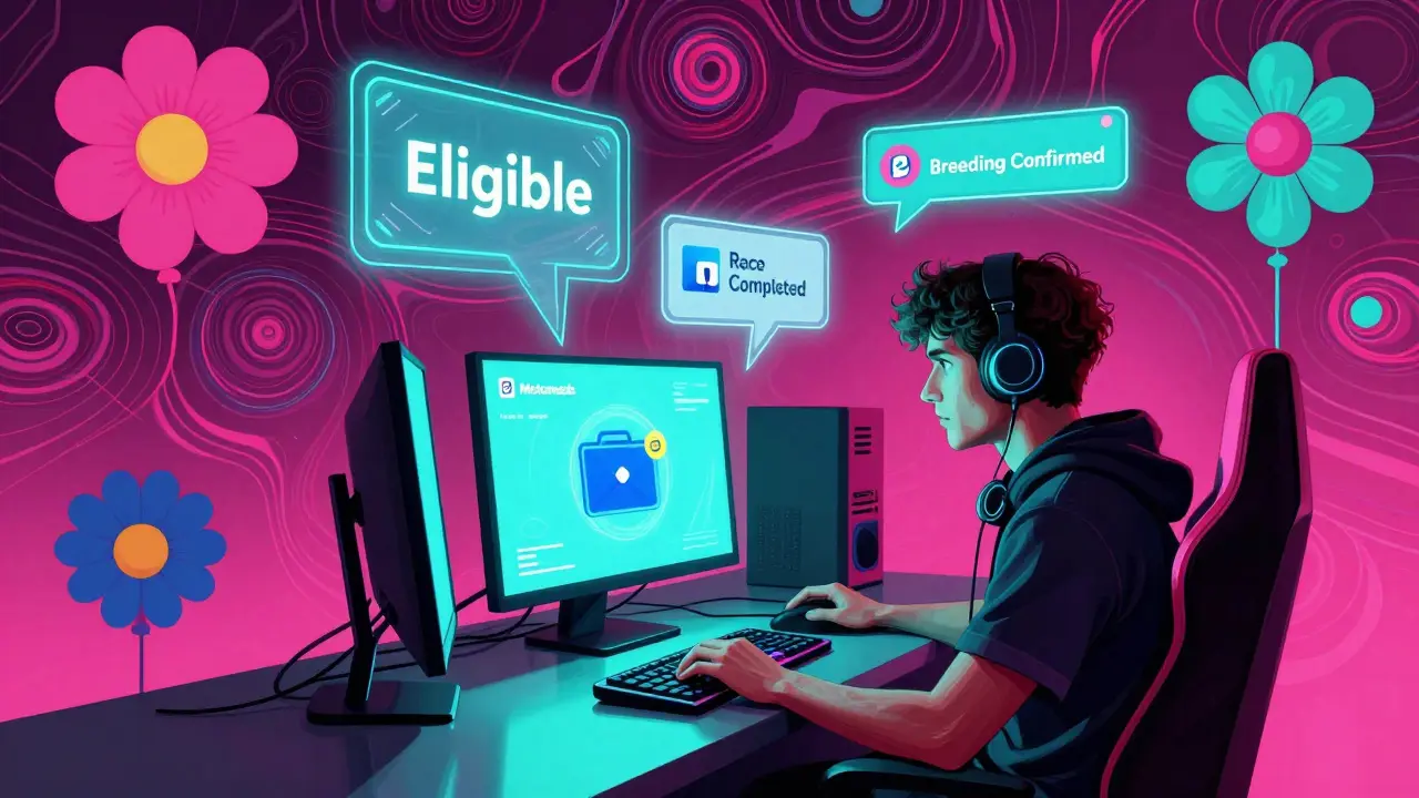 A gamer at a glowing console with holographic eligibility notifications in vibrant, swirling psychedelic patterns.