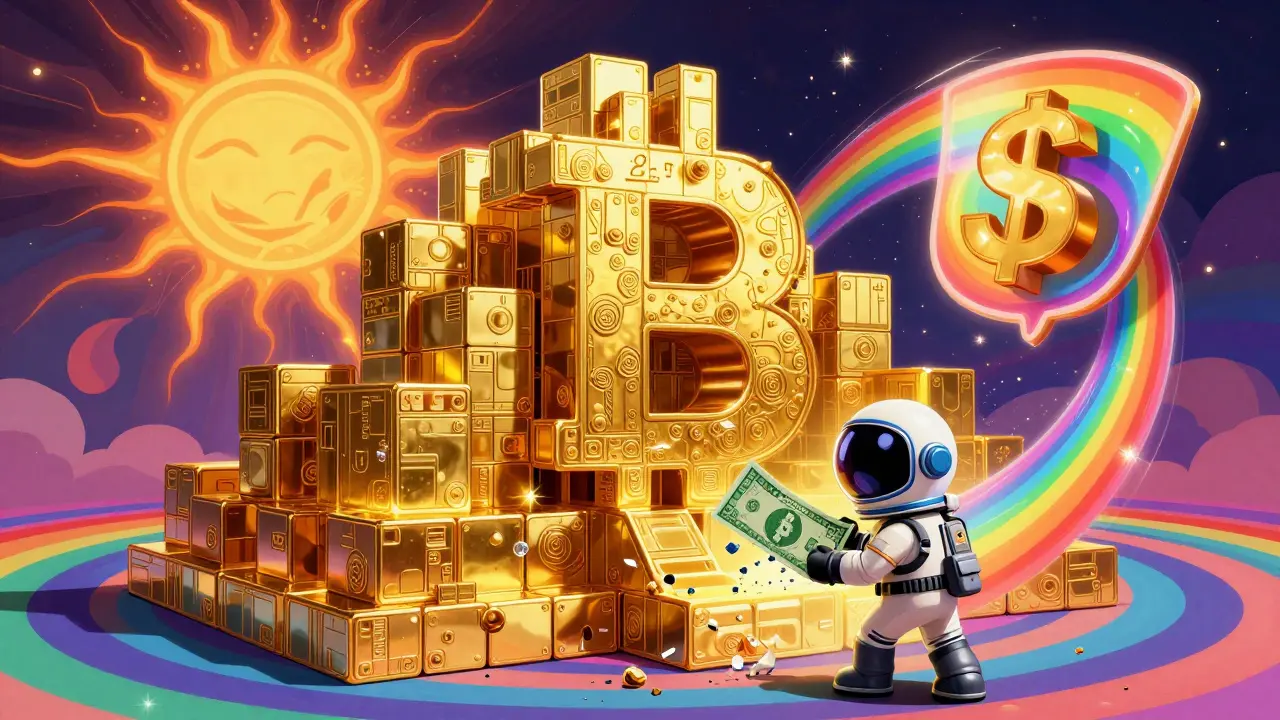 A giant Bitcoin fortress with a tiny attacker holding a crumbling bill, surrounded by glowing .2 trillion energy in cosmic rainbow hues.