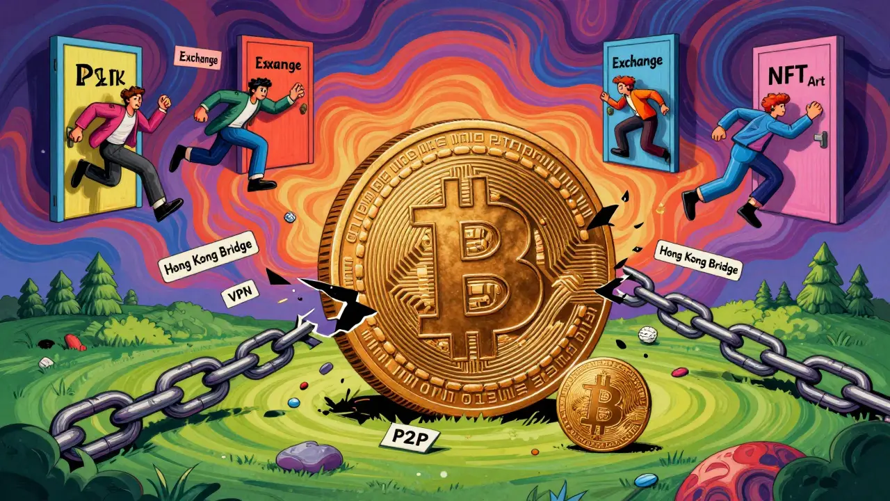 A giant digital yuan coin crushes Bitcoin as broken crypto pathways snap apart, in vibrant Peter Max illustration style.
