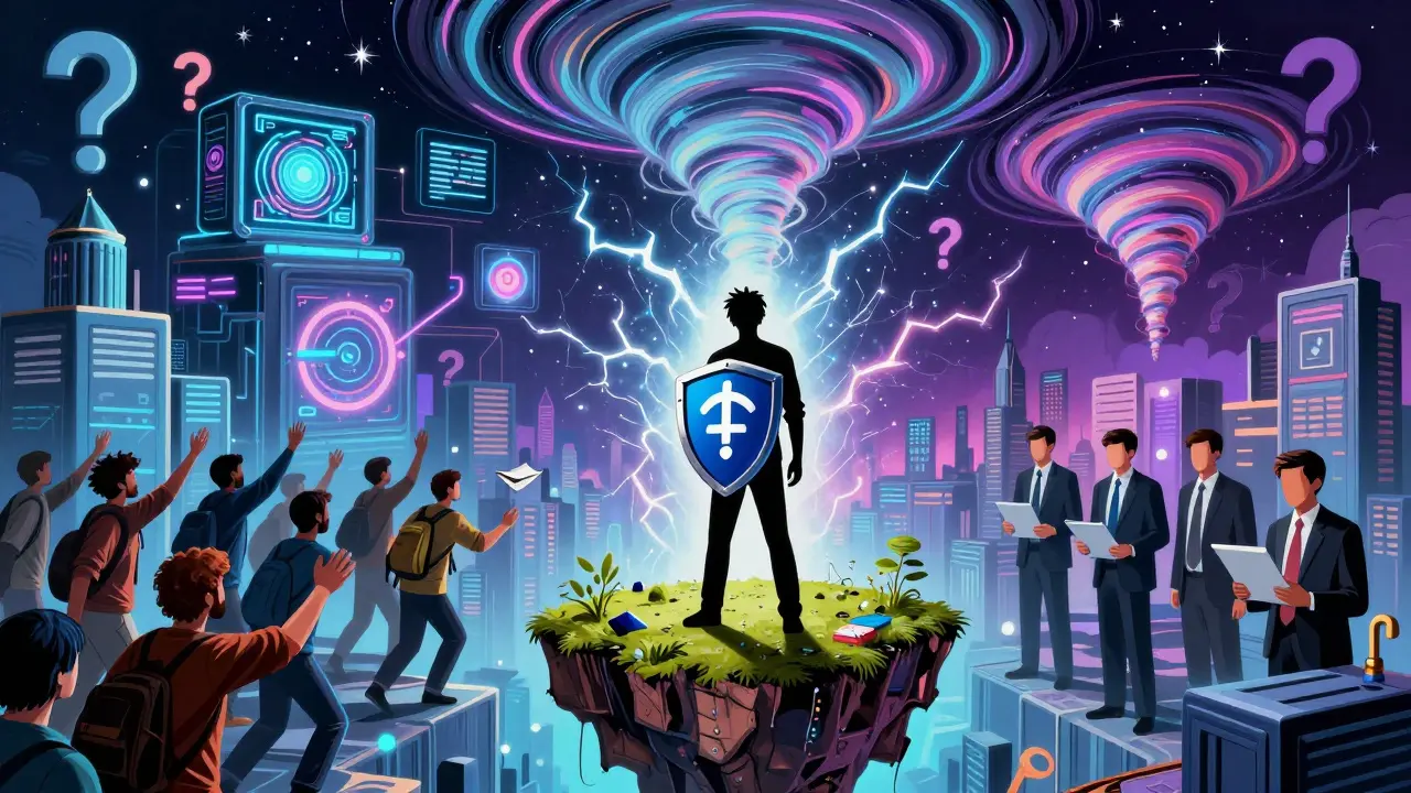 A lone figure defends privacy with a zero-knowledge shield as quantum computers and AI tornadoes swirl around them.