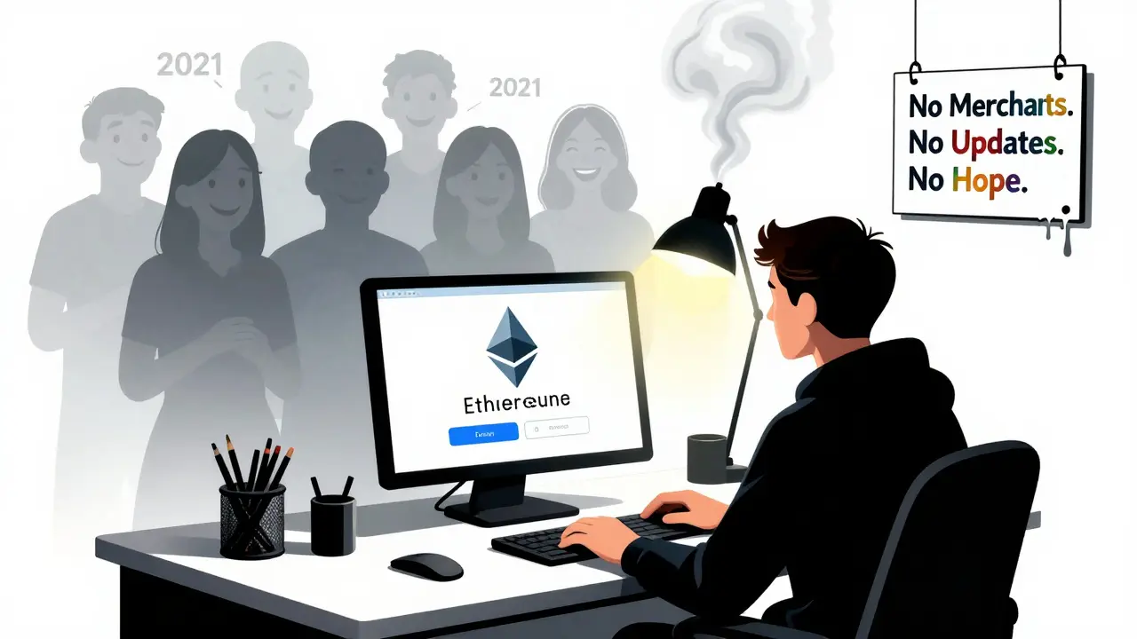 A lone person stares at a dead blockchain address as a ghostly team fades into smoke.