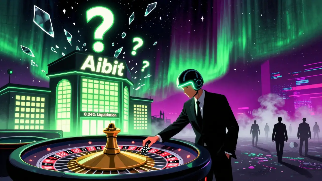 A lone trader placing a small bet at a glowing Aibit casino under a storm of falling question marks and neon auroras.