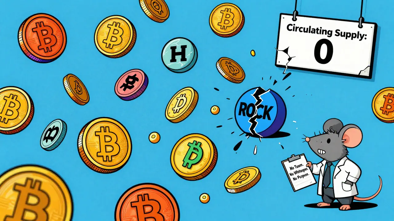 A lonely ROCK token sits ignored on a chaotic crypto trading floor with a 'Circulating Supply: 0' sign above it.