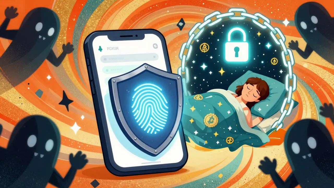 A mobile app with biometric security defending against phishing threats, surrounded by glowing crypto symbols and protective chains in Peter Max style.