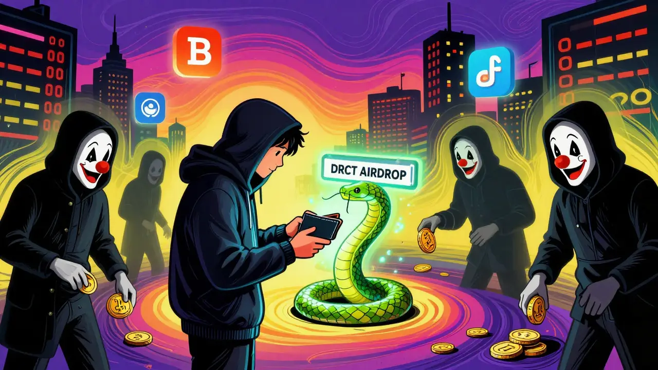 A person connecting a wallet to a snake-like phishing link while shadowy figures steal crypto, in Peter Max style.