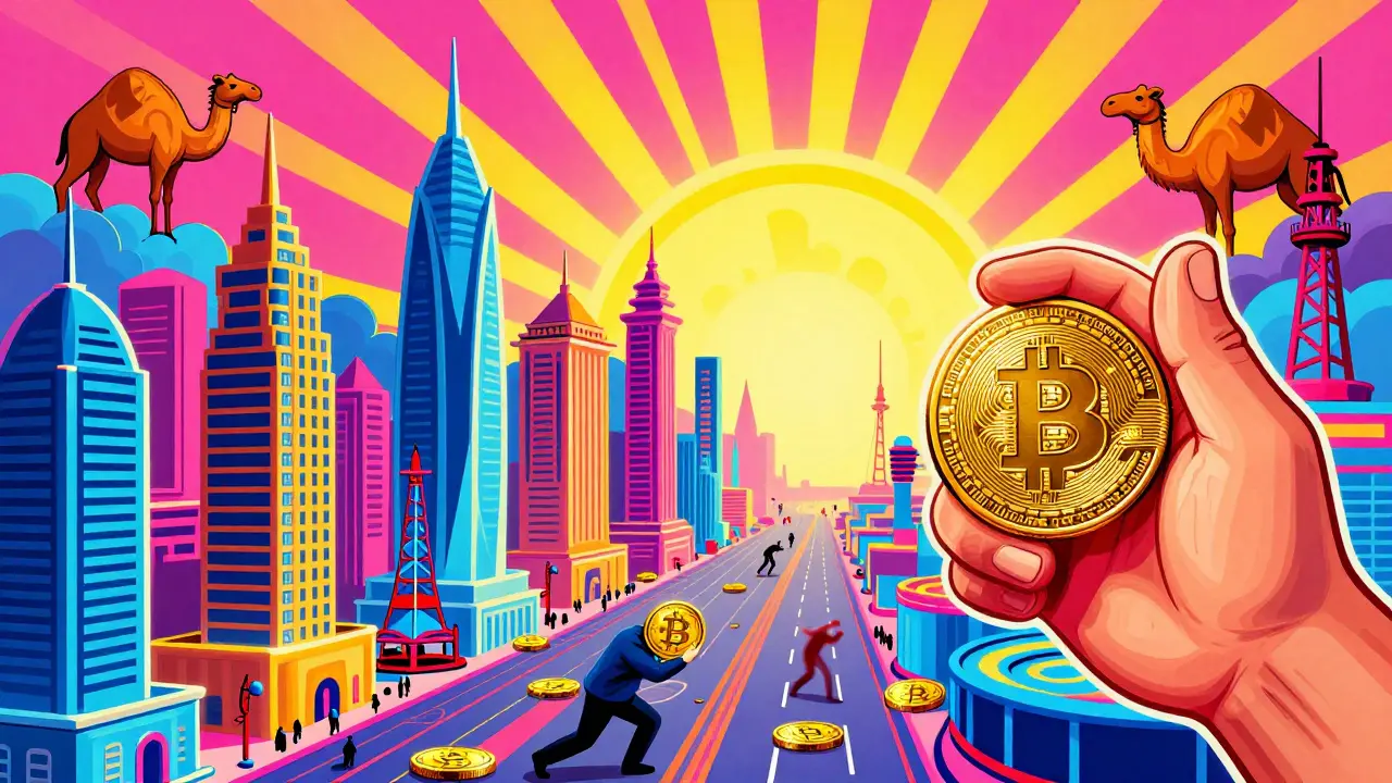 A regulated digital marketplace where tokenized real assets are issued, while a banned Bitcoin is stopped by a giant regulatory hand.