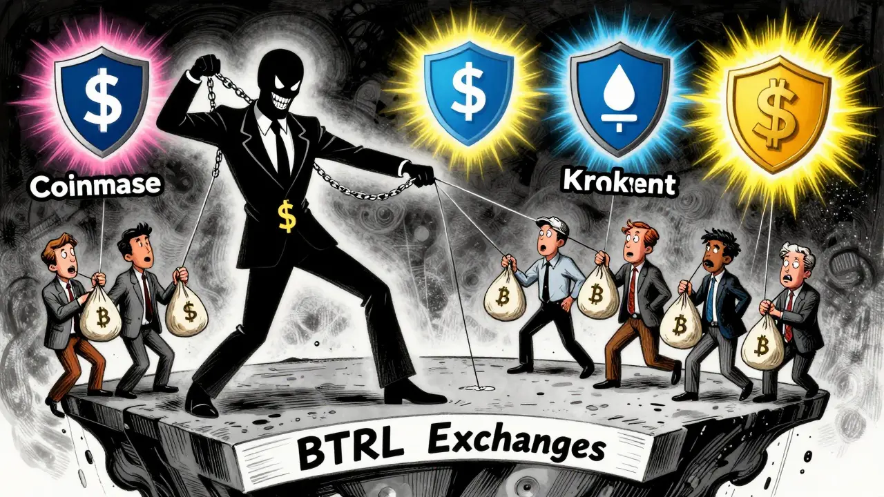 A shadowy scammer controls confused investors while trusted exchanges glow brightly behind.