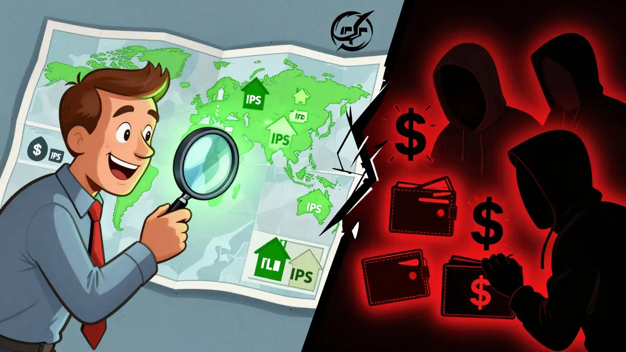 A split illustration shows a legitimate trader with green IPs on one side and fraudulent actors with red IPs on the other, symbolizing the dual use of residential proxies.