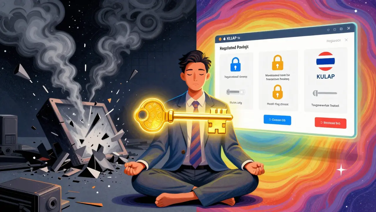 A trader holding a golden key as regulated KULAP platform shines beside collapsing unlicensed exchanges.