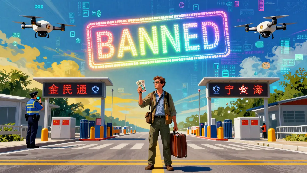 A traveler at a China-Hong Kong border with drones scanning them, surrounded by fading crypto symbols and a giant 'BANNED' stamp.