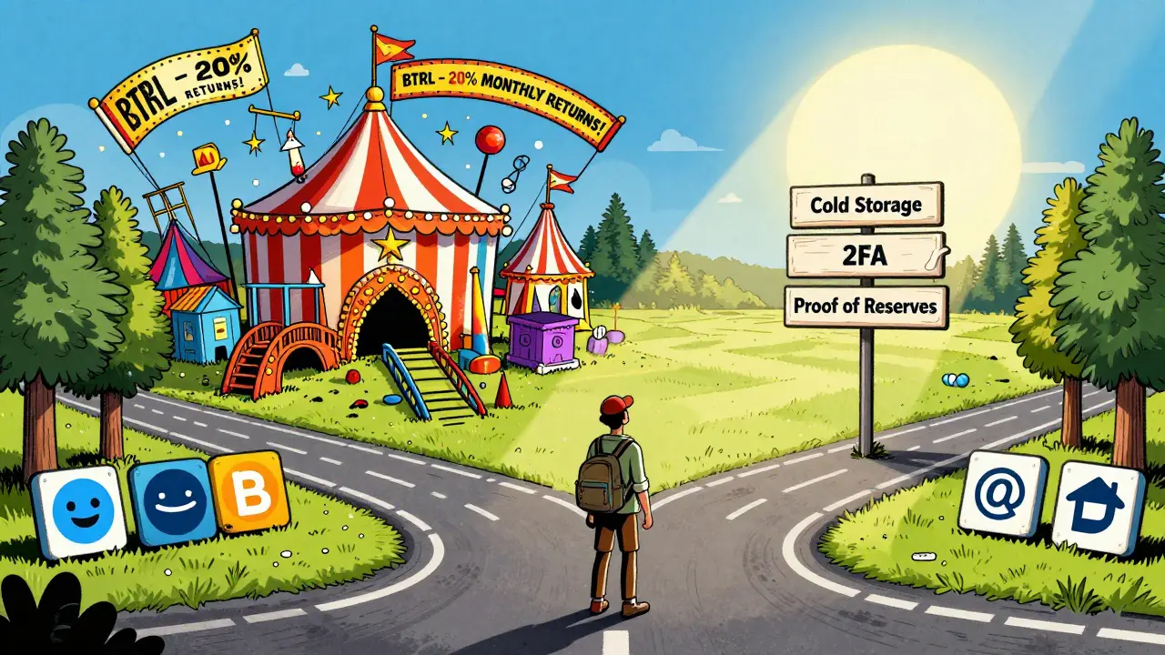 A traveler chooses between a dangerous carnival labeled BTRL and a safe path to verified exchanges.