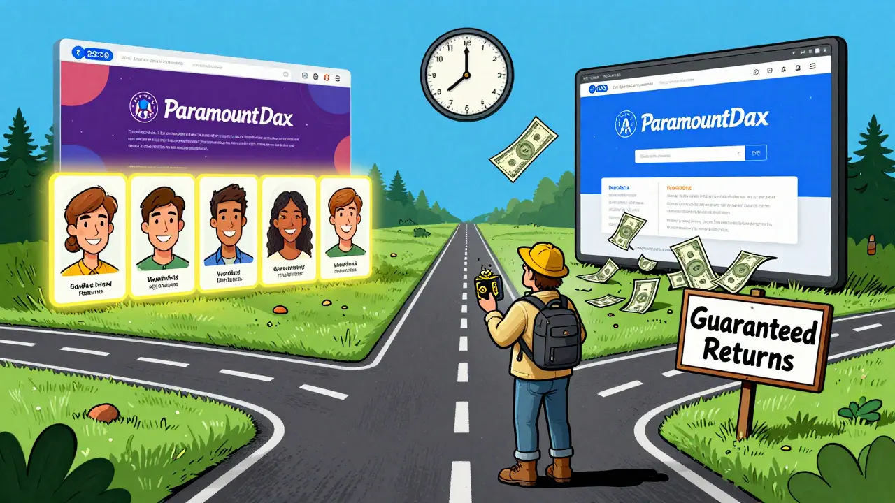 A traveler choosing between a safe crypto path and a disappearing scam website with a countdown clock.