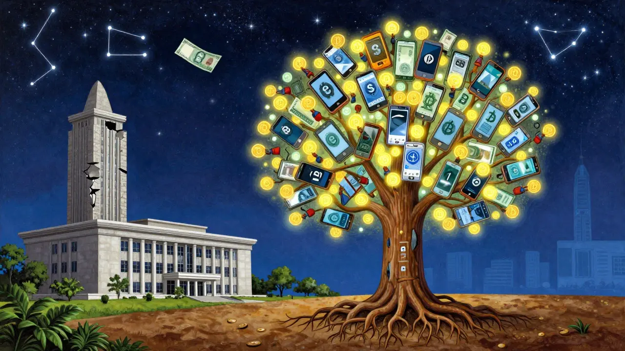 A tree made of smartphones and crypto symbols grows beneath a crumbling Central Bank, with millions of glowing figures representing crypto users.