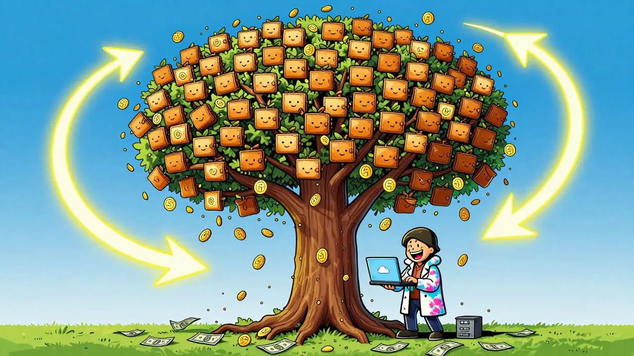 A tree with golden tokens falling as 15,000 identical wallets climb it, while a hacker grins below with a laptop, all in vivid Peter Max style.