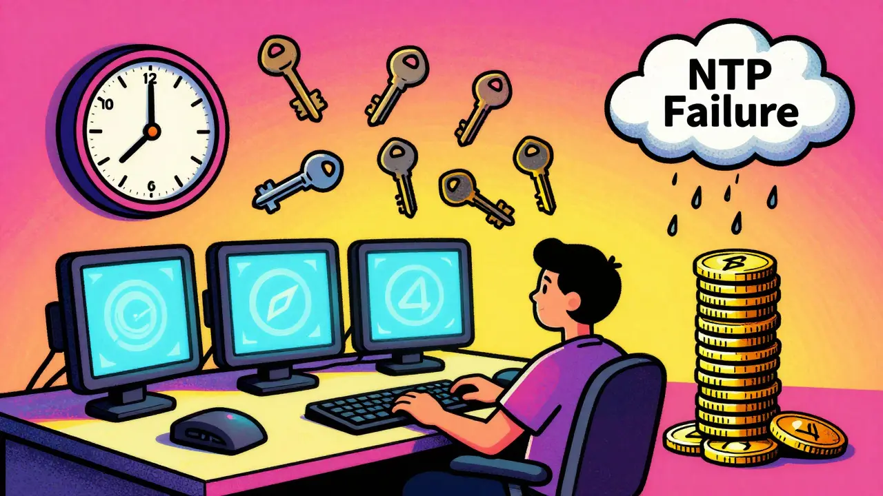 A validator surrounded by spinning clocks and duplicate keys, representing time sync errors in psychedelic pop art style.