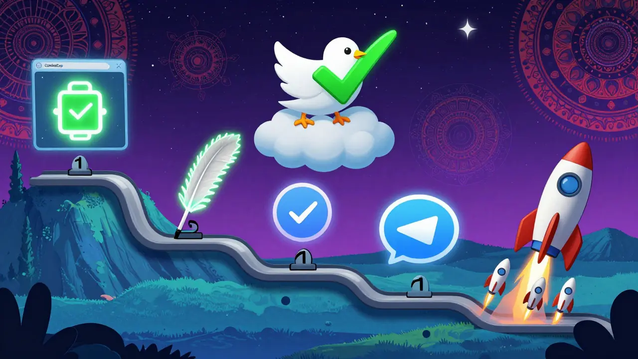 A whimsical 5-step path through cosmic landscapes featuring Twitter birds, Medium quills, Telegram bubbles, and a retweet rocket launching toward the sky.