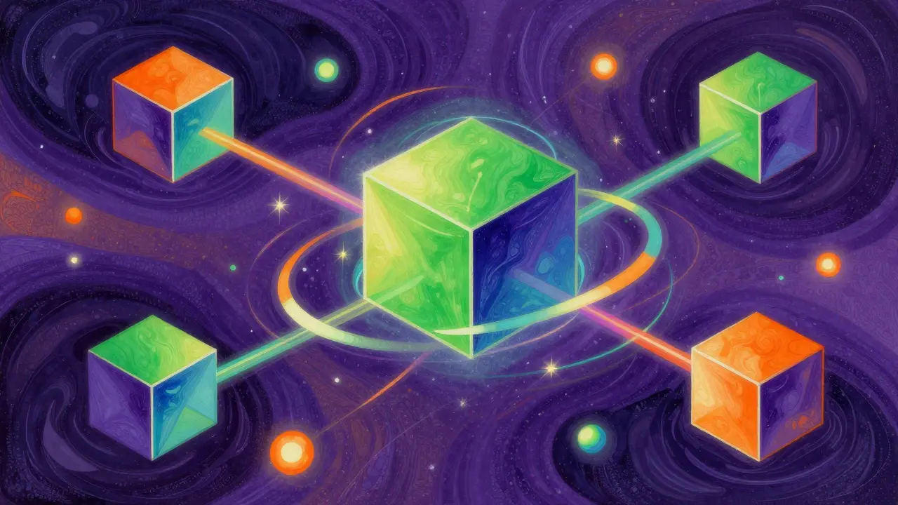 Abstract digital cubes connected by colorful light beams