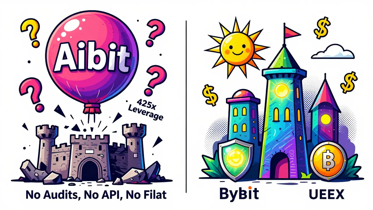 Aibit as a wobbly balloon versus other exchanges as sturdy towers, all in bold cartoon style with glowing warnings.