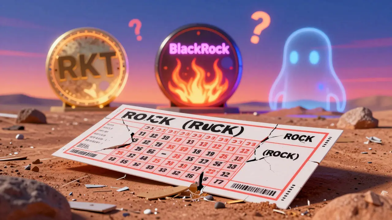 An abandoned lottery ticket labeled 'ROCK' lies cracked in a digital desert, with three other ROCK tokens glowing faintly in the distance.