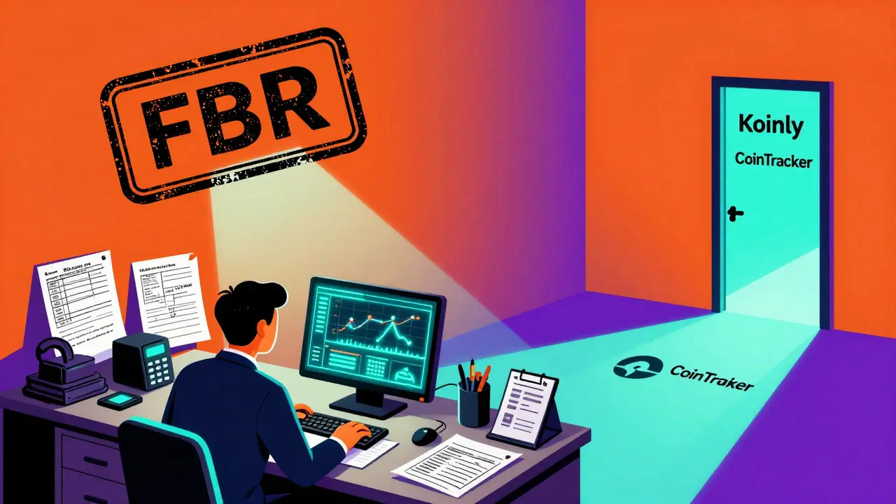 An investor surrounded by crypto charts and tax documents, with an FBR stamp casting a calculator-shaped shadow.