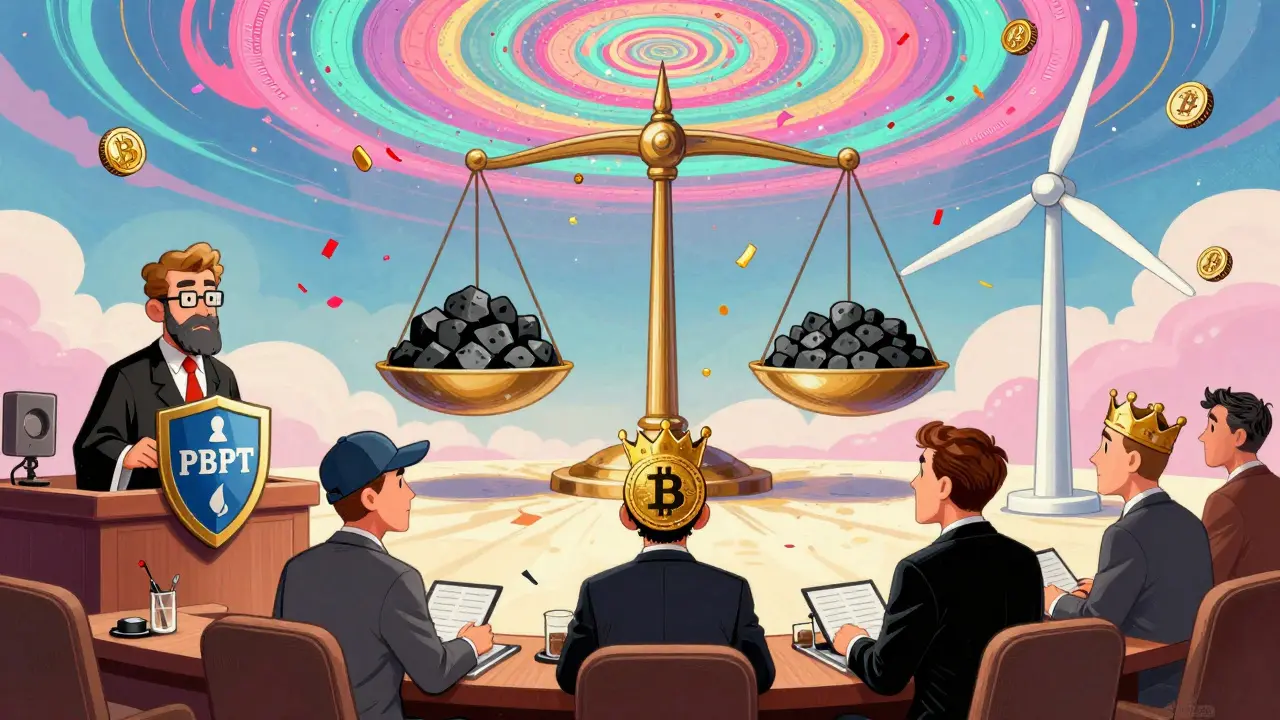 Blockchain nodes in a surreal courtroom with a judge, scale balancing energy vs efficiency, and floating transaction confetti.