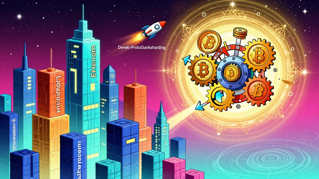 Cityscape of blockchain towers with a rocket soaring toward a hybrid PoS-PBFT mechanism under starry, swirling skies.