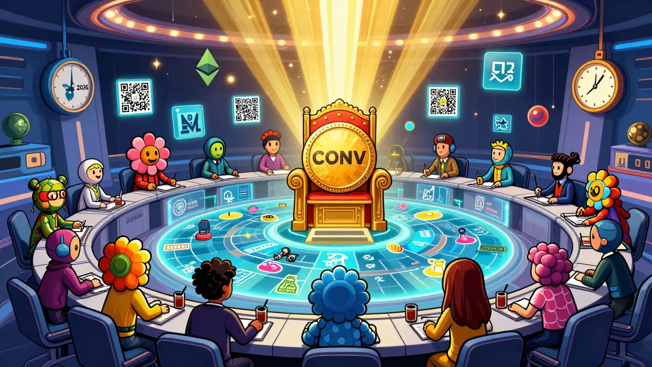 Colorful, flower-power figures vote on a holographic DeFi roadmap in a glowing DAO chamber, with a giant CONV token as the central throne.