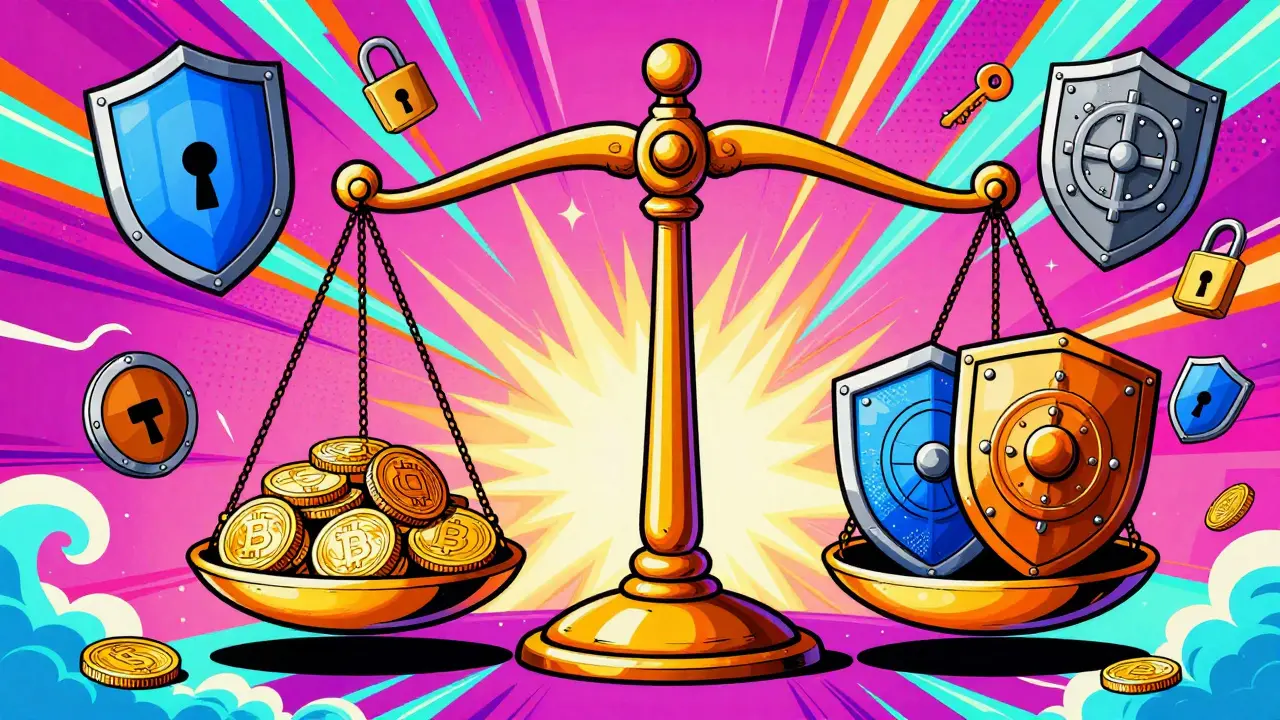 Colorful scales balancing crypto tokens and regulatory shields in bold outline art.