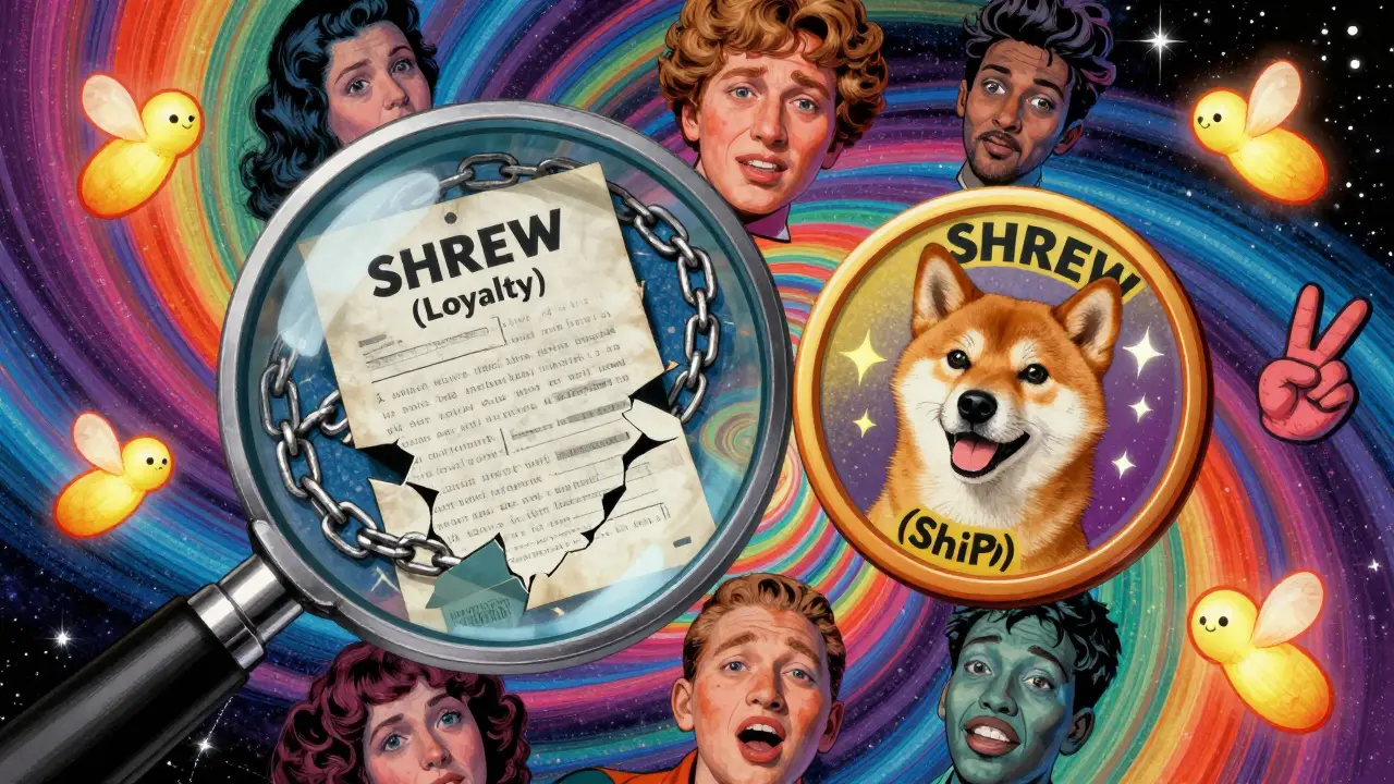 Confused people look through a magnifying glass at two mistaken SHREW tokens amid scam ads.
