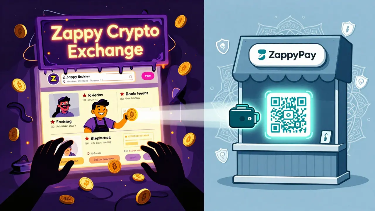 Contrasting scene: chaotic fake crypto exchange on left, calm ZappyPay payment on right, in vibrant Peter Max illustration style.