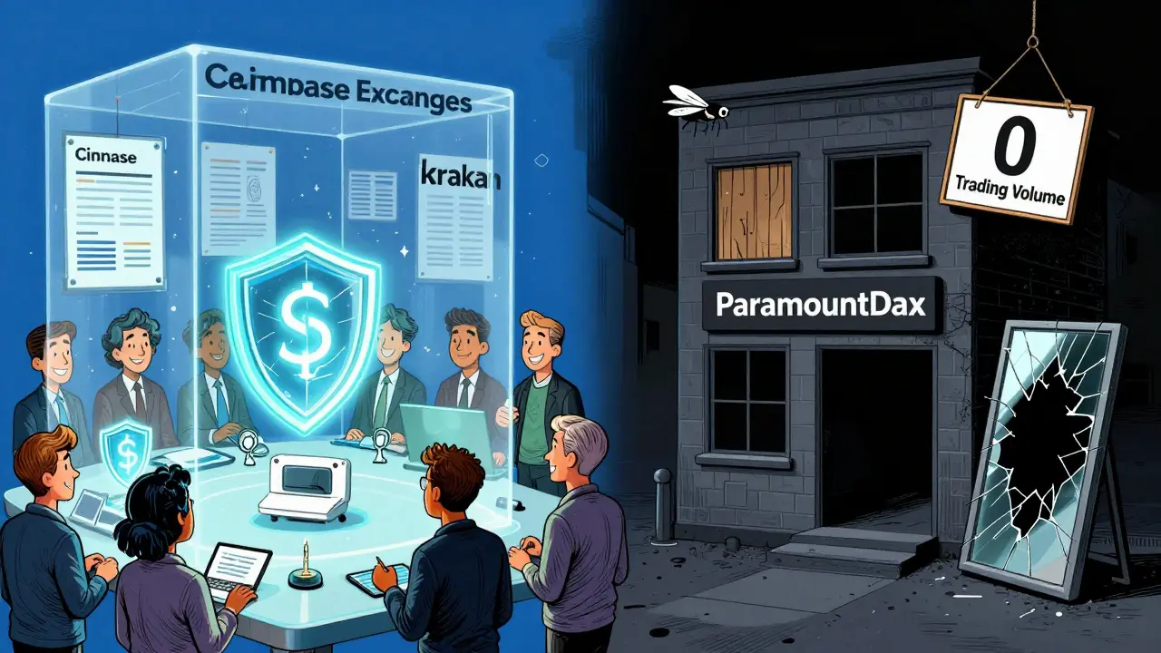 Contrasting vibrant legitimate exchanges against an empty, boarded-up fake exchange building.